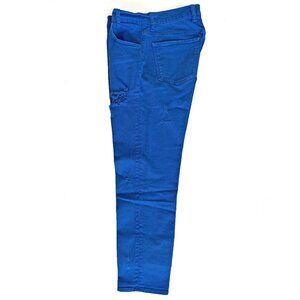 SANDRO Paris distressed royal blue straight leg jeans.
